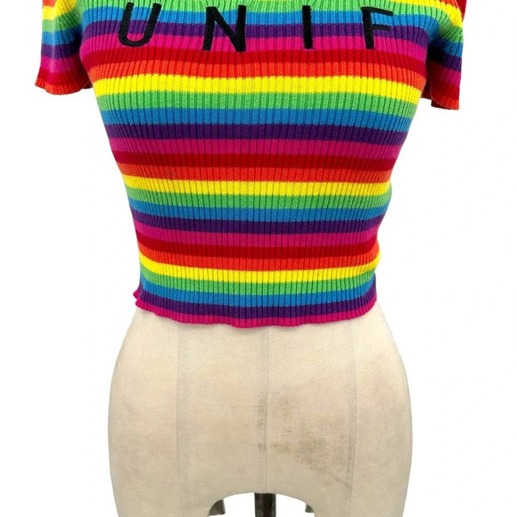 Unif UNIF Lenny Crop Top Short Sleeve Top Rainbow Stripe Turtleneck Size Small - Picture 3 of 8